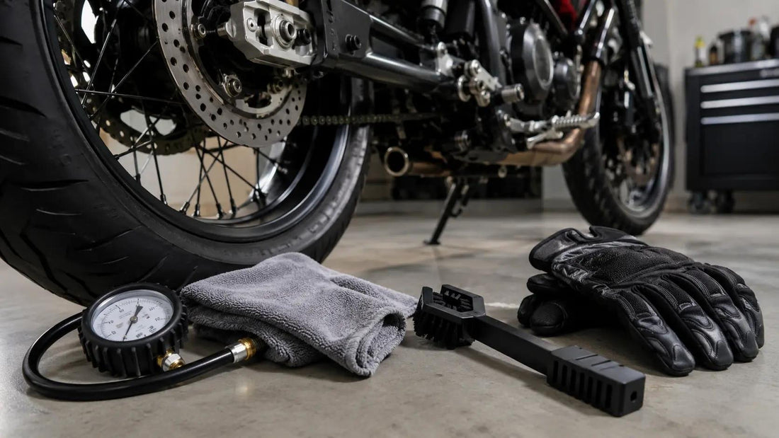 Essential motorcycle accessories including maintenance tools, chain lubricant, luggage and riding gear